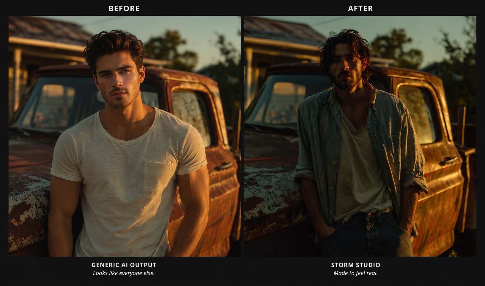 Side-by-side comparison of a generic AI-generated character and a directed Storm Studio image, showing the difference between plastic sameness and lived-in character.